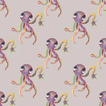 Seamless patterns with octopus on a gray background. Stock Illustration