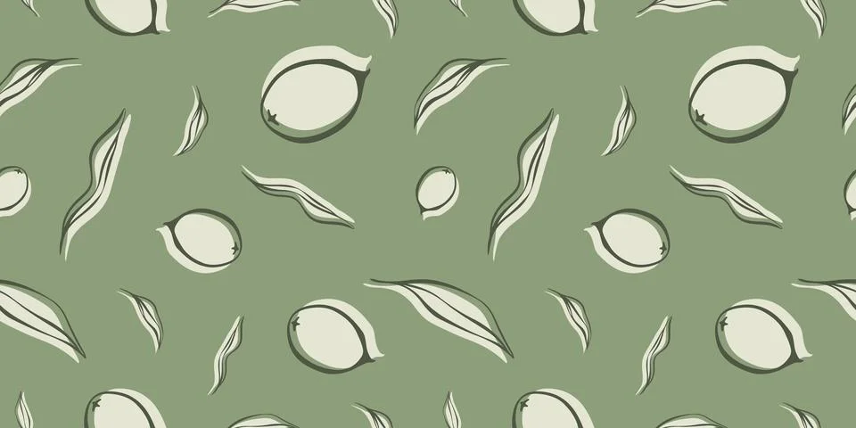 Seamless patterns with Olive Branch in Modern Minimal Liner Style. Stock Illustration