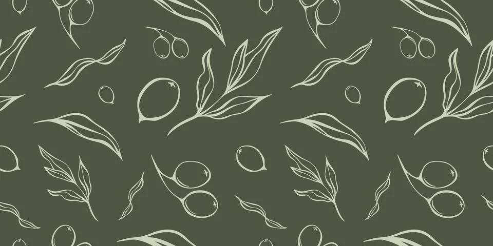 Seamless patterns with Olive Branch in Modern Minimal Liner Style. イラスト素材