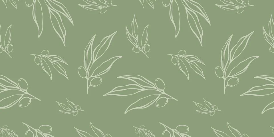 Seamless patterns with Olive Branch in Modern Minimal Liner Style. Stock Illustration