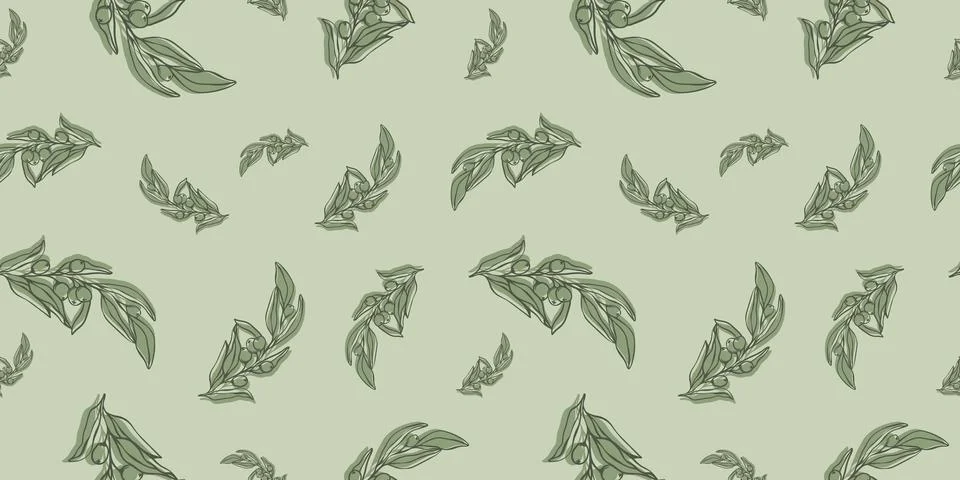 Seamless patterns with Olive Branch in Modern Minimal Liner Style. イラスト素材