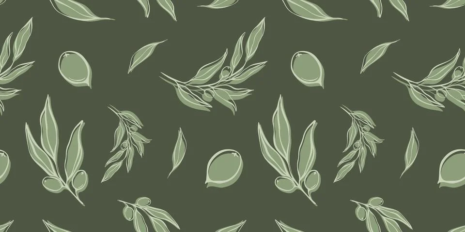 Seamless patterns with Olive Branch in Modern Minimal Liner Style. Stock Illustration