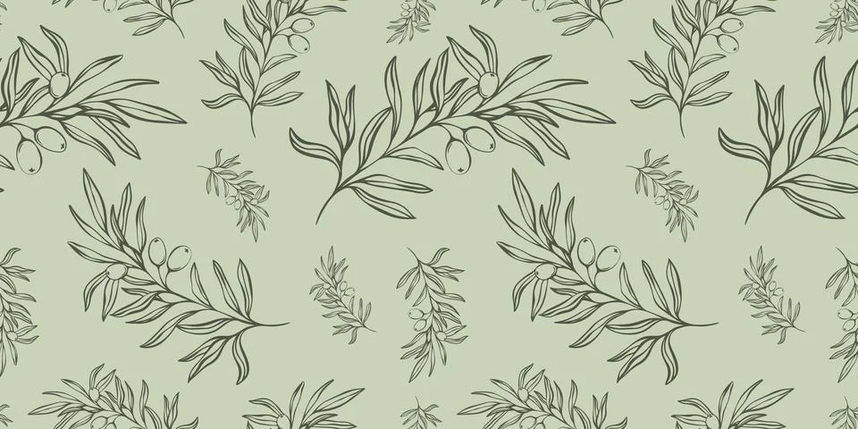 Seamless patterns with Olive Branch in Modern Minimal Liner Style. Stock Illustration