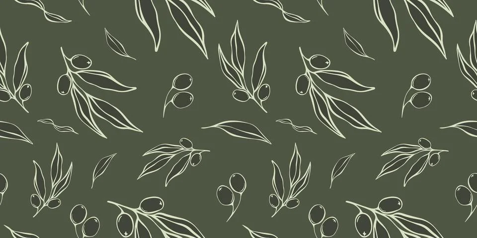 Seamless patterns with Olive Branch in Modern Minimal Liner Style. Stock Illustration