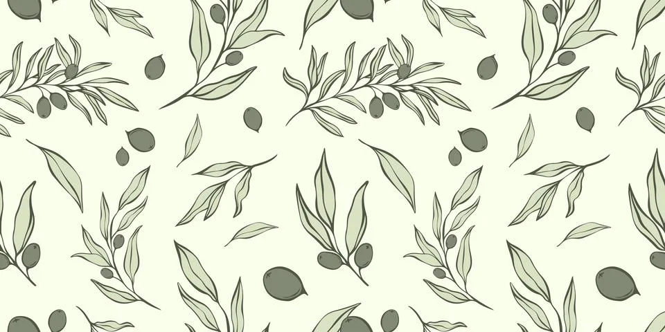 Seamless patterns with Olive Branch in Modern Minimal Liner Style. Stock Illustration