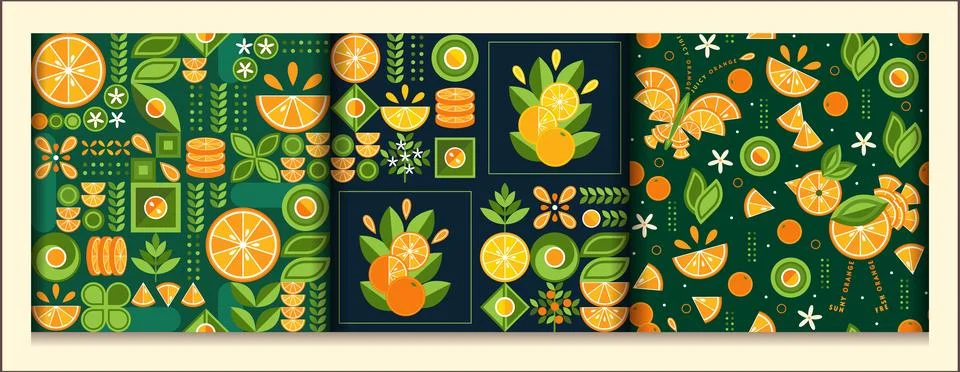 Seamless patterns with oranges in simple geometric style. Abstract shapes. Stock Illustration