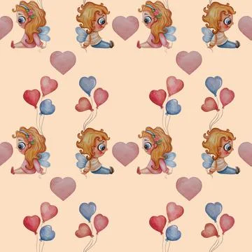 Seamless patterns. A pair of cute children angels with wings - a boy and a gi Stock Illustration