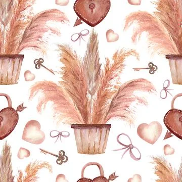 Seamless patterns with pampas grass in pots, keys, hearts and bows in boho style Ilustración de archivo