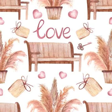 Seamless patterns with pampas grass in pots, benches, the inscription love, a Ilustración de archivo