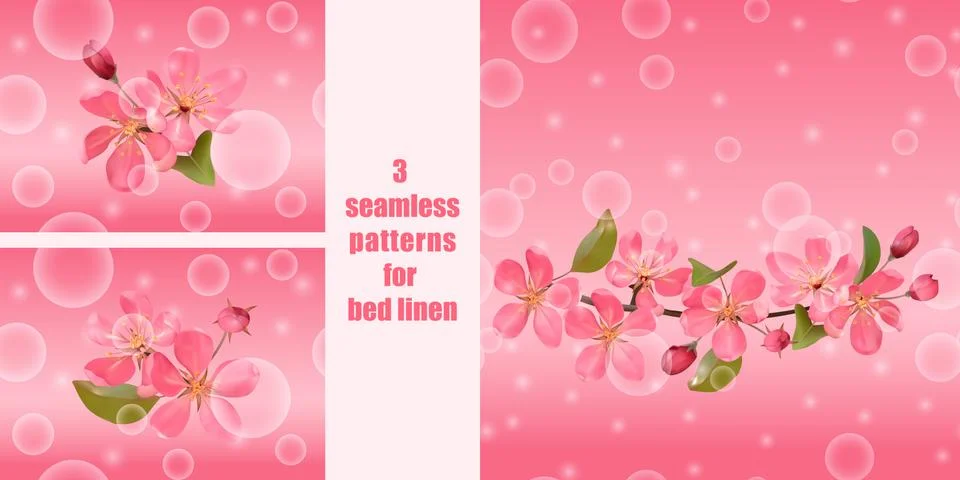 Seamless patterns with pink blossoming cherry for bed linen set 스톡 일러스트