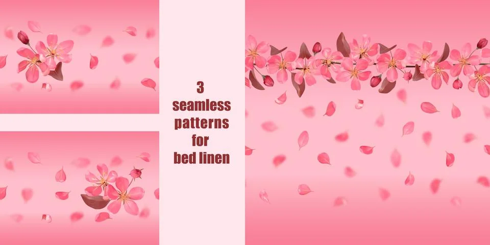 Seamless patterns with pink blossoming cherry and falling petals for bed line Stock Illustration