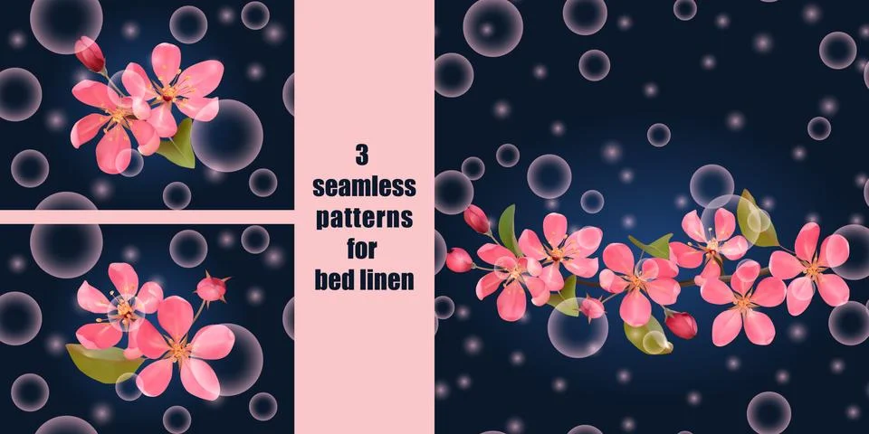 Seamless patterns with pink blossoming cherry and falling petals for bed line Stock Illustration