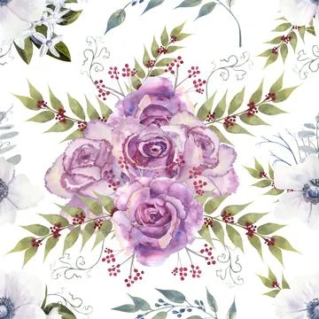 Seamless patterns with purple roses and anemones on a white isolated background Stock Illustration