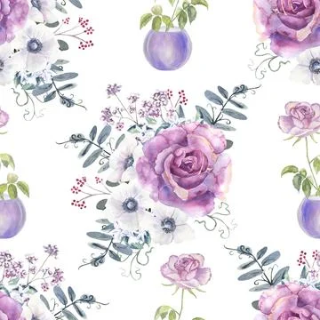 Seamless patterns with purple roses and anemones on a white isolated background Stock Illustration