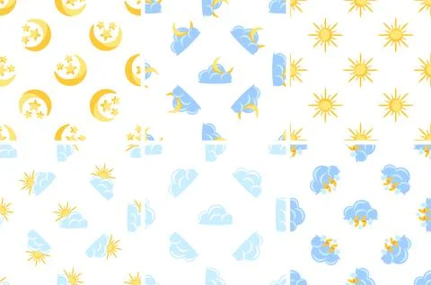 Seamless patterns representing day, night, clouds, sun and thunder Illustrazione stock