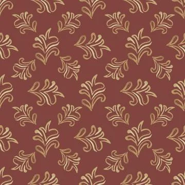 Seamless patterns in retro style. Beige-gold leaves on a terracotta background Stock Illustration