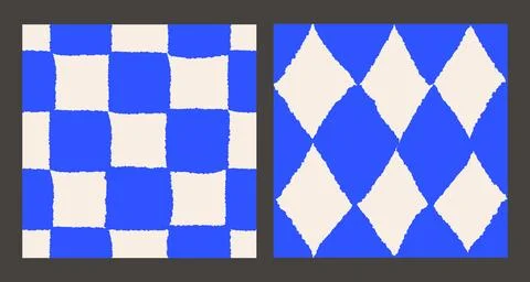 Seamless Patterns Rough Blue Checkerboard Squares And Hand Drawn Diamond Shapes Illustrazione stock