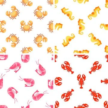 Seamless patterns with sea animals including crab, shrimp, lobster and seahorse Illustrazione stock