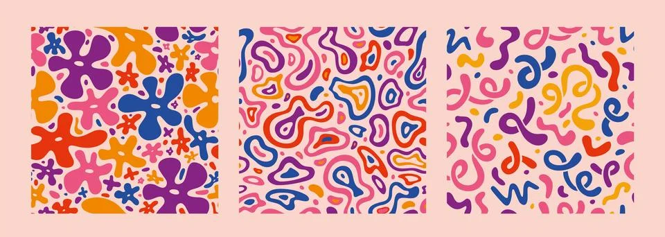 Seamless patterns set with abstract fluid shapes and groovy flowers, cartoo.. Stock Illustration
