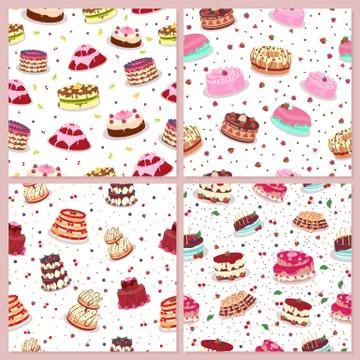 Seamless Patterns Set with Cakes. Confectionery Illustrazione stock