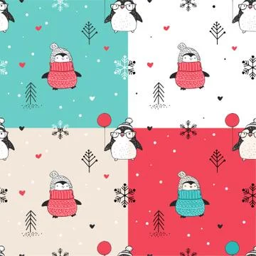 Seamless patterns set with cute hand drawn penguins Stock Illustration