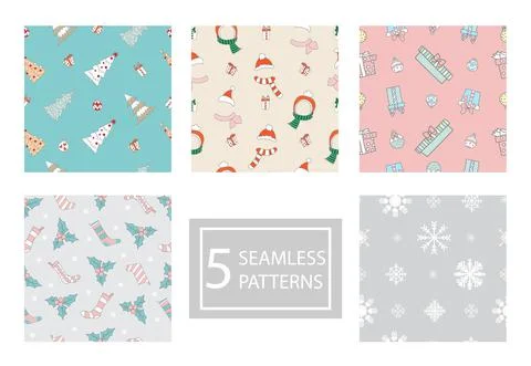 Seamless patterns set with different Christmas elements Stock Illustration