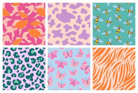 Seamless patterns set. Fish, minimalistic prints, bees and butterflies Stock Illustration