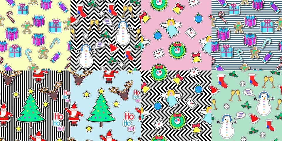 Seamless patterns set in flat style. Xmas elements 스톡 일러스트