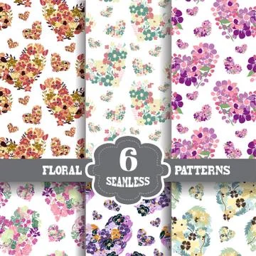 Seamless patterns set with floral hearts invitations, cards, scrapbooking, print Stock Illustration