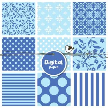 Seamless patterns set, flowers, dots, stripes, square swatches Stock Illustration