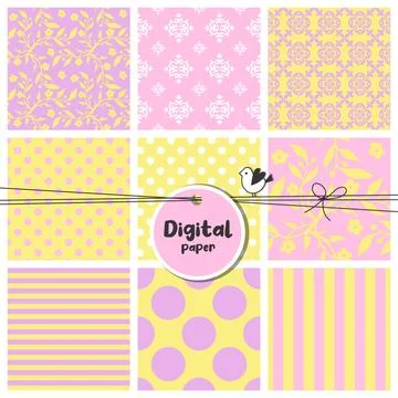 Seamless patterns set, flowers, dots, stripes Stock Illustration