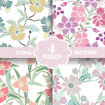 Seamless patterns set with flowers, for invitations, cards, scrapbooking, print Stock Illustration