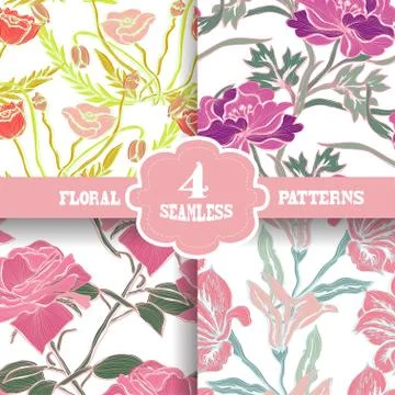 Seamless patterns set with flowers, for invitations, cards, scrapbooking, print Illustrazione stock