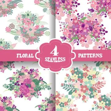 Seamless patterns set with flowers, for invitations, cards, scrapbooking, print Stock Illustration