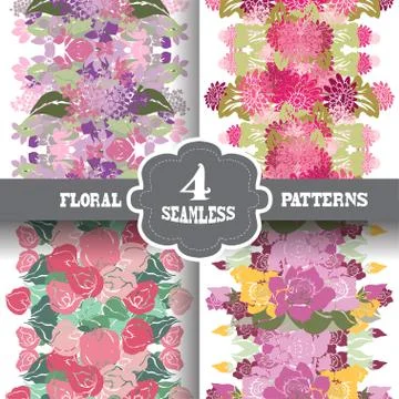 Seamless patterns set with flowers, for invitations, cards, scrapbooking, print Stock Illustration