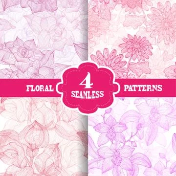 Seamless patterns set with flowers, for invitations, cards, scrapbooking, print Stock Illustration