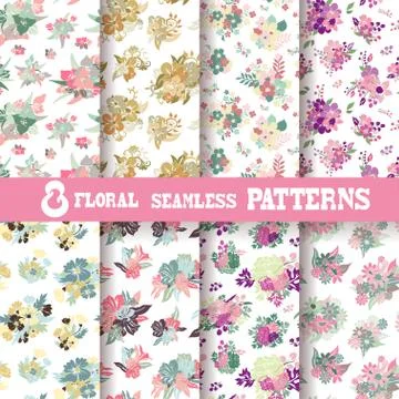 Seamless patterns set with flowers, for invitations, cards, scrapbooking, print Stock Illustration
