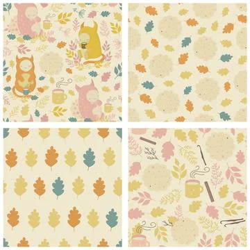 Seamless patterns set with funny, cute and friendly monsters, mugs of hot tea Illustrazione stock