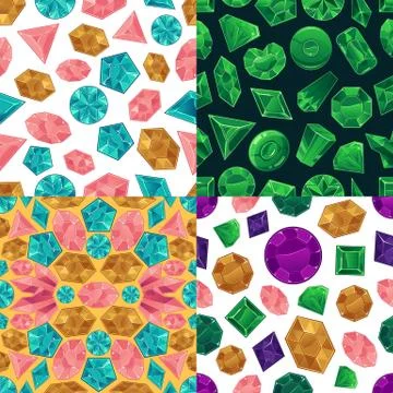 Seamless patterns set with gemstones or crystals cartoon vector illustration. Stock Illustration