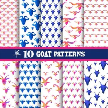 Seamless patterns set with goats, for invitations, cards, scrapbooking, print Stock Illustration