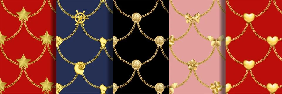 Seamless patterns set with gold chains Stock Illustration