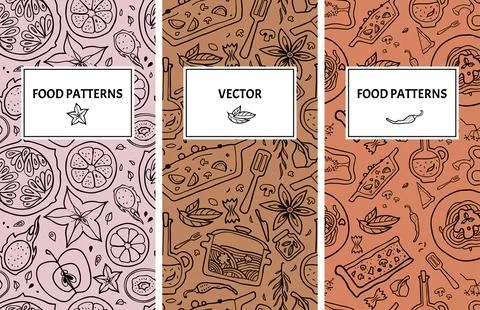 Seamless patterns set with healthy food. Stock Illustration