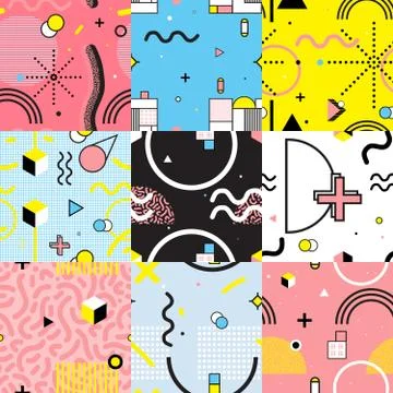 Seamless Patterns Set Memphis Style Stock Illustration