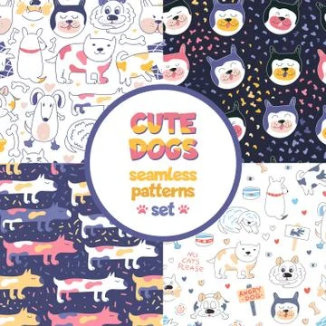 Seamless patterns set with multicolored dogs Stock Illustration