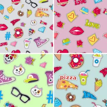 Seamless Patterns Set with Patch Objects for Teens Illustrazione stock