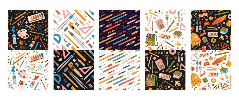 Seamless patterns set with school stationery and art supplies, cartoon styl.. Stock Illustration