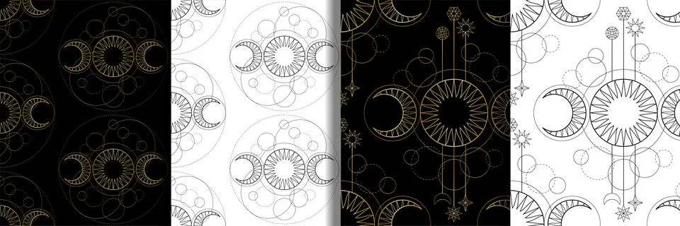 Seamless patterns set from triple moon magic and astronomy tattoo symbol Stock Illustration