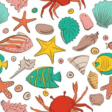 Seamless patterns with shell, starfish, fish, stone. Vector set for design in Illustrazione stock