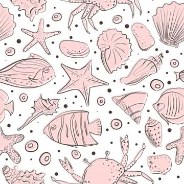 Seamless patterns with shell, starfish, fish, stone. Vector set for design in Illustrazione stock