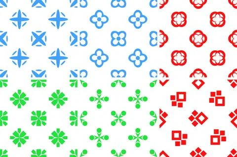 Seamless patterns with simple geometric shapes creating decorative backgrounds Stock Illustration